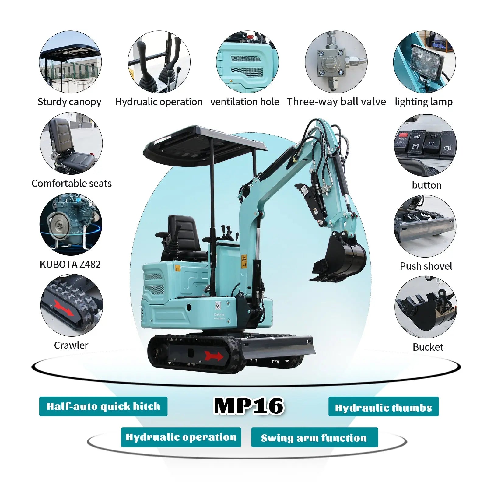 Mini Excavator with 12HP Kubota Engine & Hydraulic Thumb With a leader | AY-JBT16G-Pro My Store