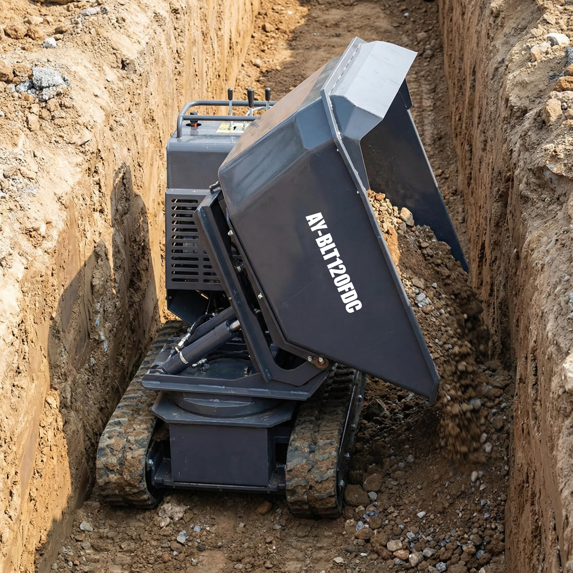 AY-BLT120FDC| Mini Tracked Dumper/Tracked Power Barrow 2650 lb Concrete Buggy – Gas Powered, B & S Engine, Hydraulic Dump, 180° Rotating Crawler Dumper with Rubber Tracks Stand-On Platform Apexyun.com