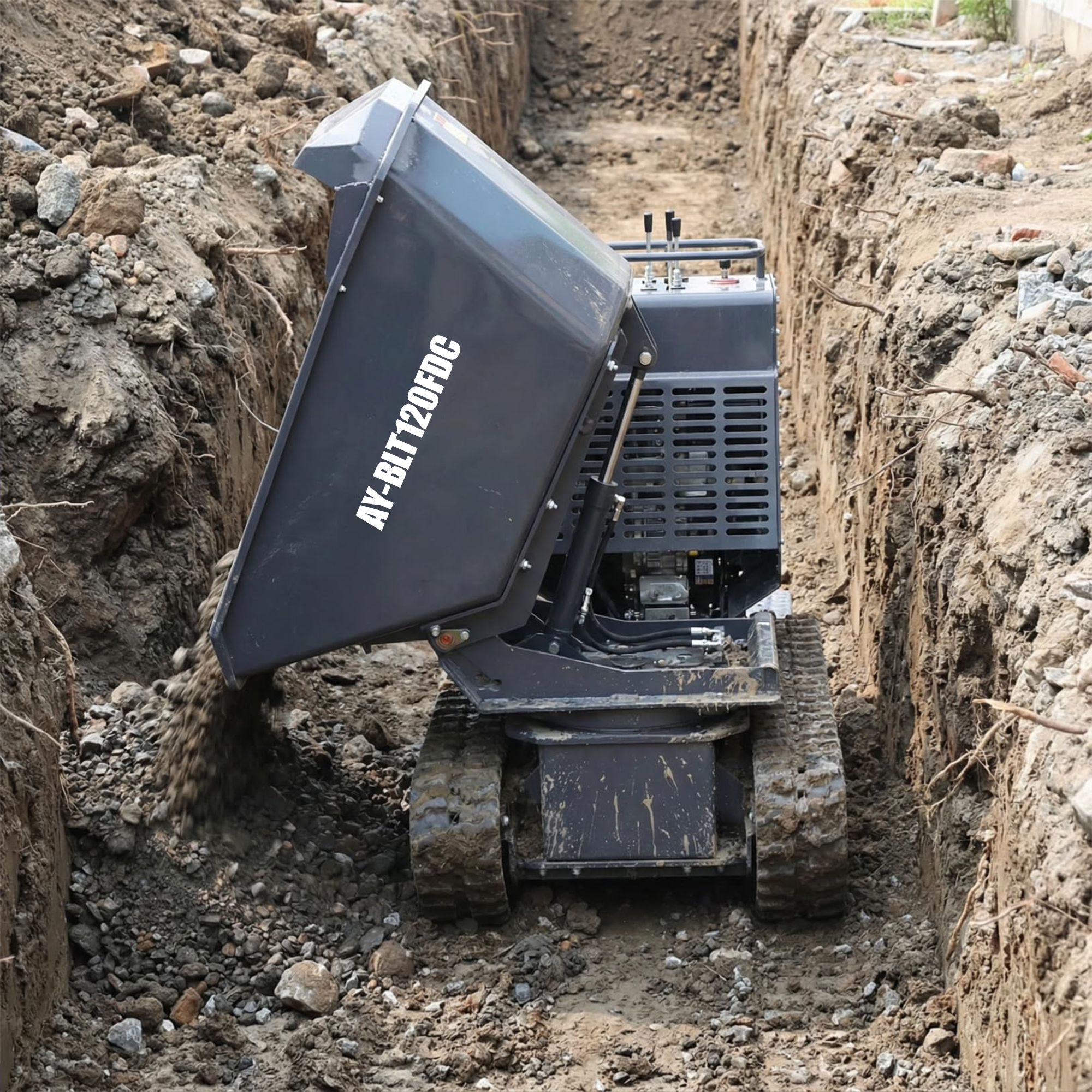AY-BLT120FDC| Mini Tracked Dumper/Tracked Power Barrow 2650 lb Concrete Buggy – Gas Powered, B & S Engine, Hydraulic Dump, 180° Rotating Crawler Dumper with Rubber Tracks Stand-On Platform Apexyun.com