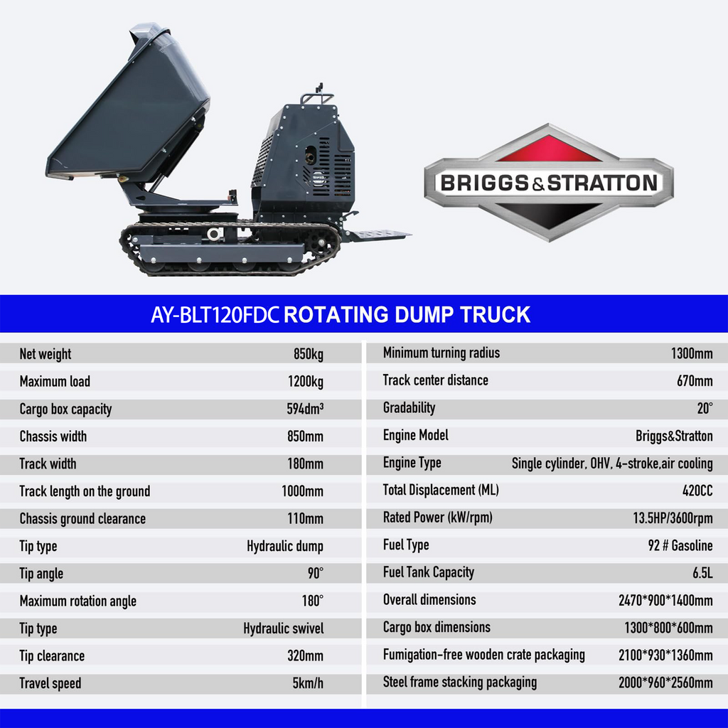 AY-BLT120FDC| Mini Tracked Dumper/Tracked Power Barrow 2650 lb Concrete Buggy – Gas Powered, B & S Engine, Hydraulic Dump, 180° Rotating Crawler Dumper with Rubber Tracks Stand-On Platform Apexyun.com